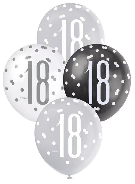 18" PARTY BALLOONS BLACK/SILVER/WHITE
