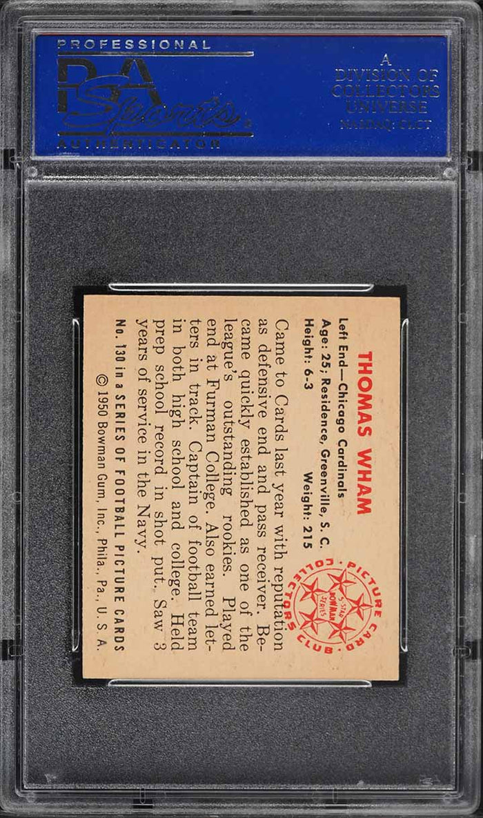 1950 Bowman FB Card #130 Tom Wham Chicago Cardinals ROOKIE RC PSA 7 NRMT (MGD2)