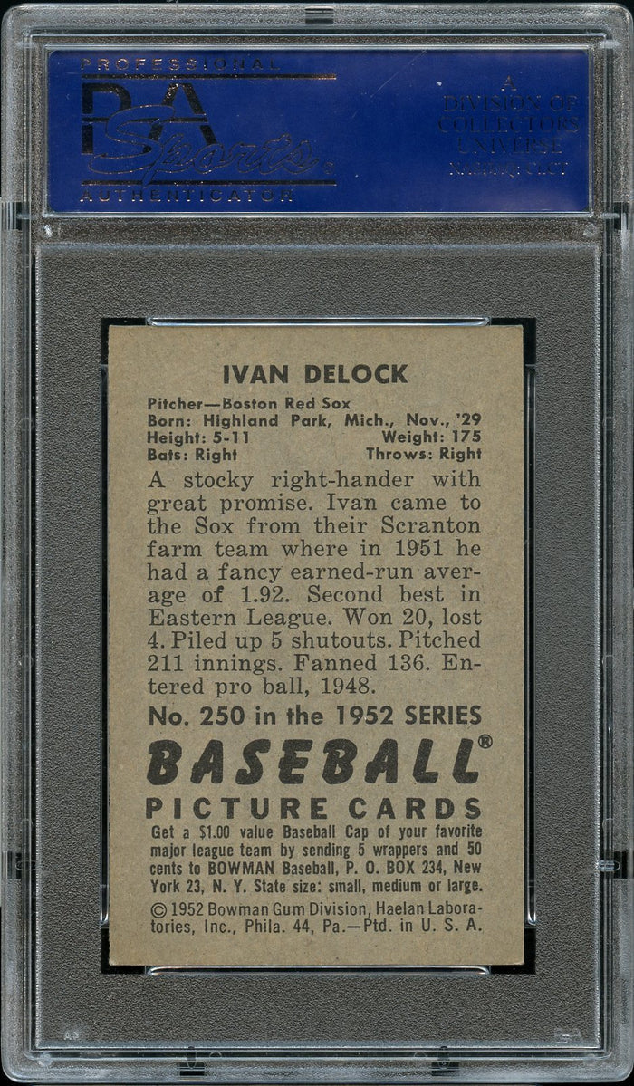 1952 Bowman BB Card #250 Ivan Ike Delock Boston Red Sox ROOKIE RC PSA NM-MT 8 (MGD2)