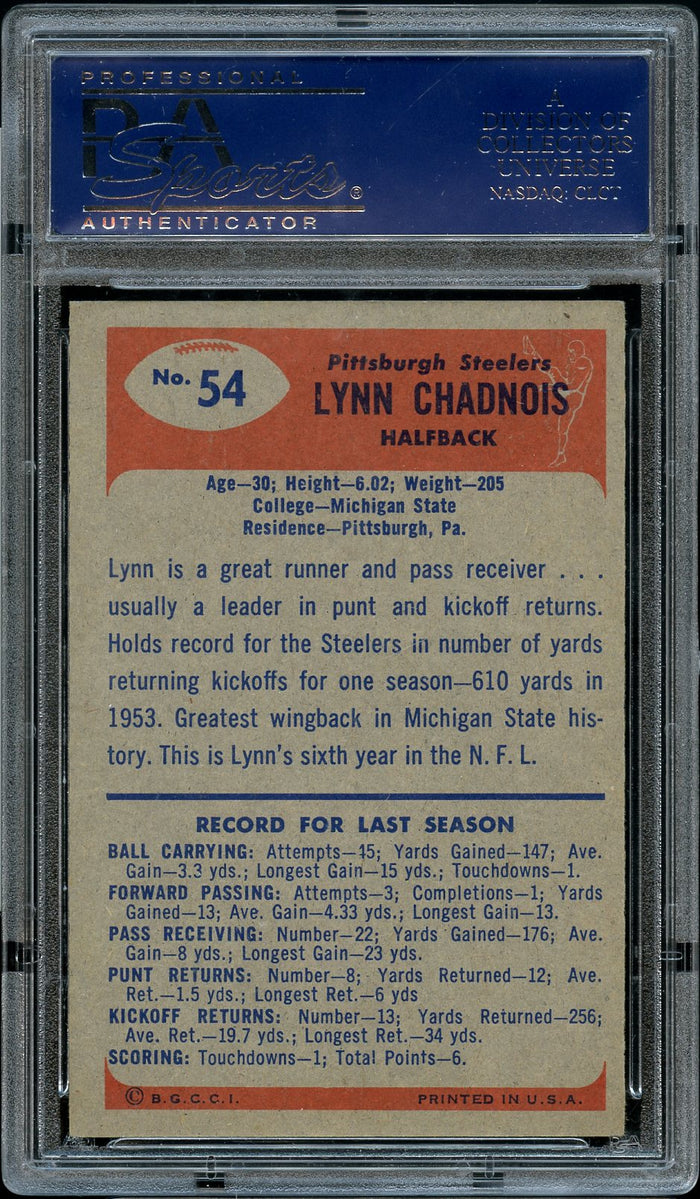 1955 Bowman FB Card # 54 Lynn Chandnois Pittsburgh Steelers PSA NM-MT 8 (MGD2)