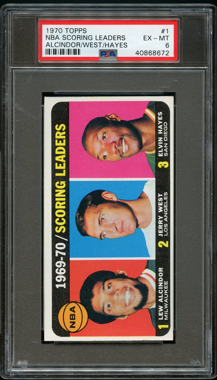 1970 Topps BkB Card # 1 Lew Alcindor Jerry West Elvin Hayes HOF LDRS PSA 6 EX-MT (MGD2)