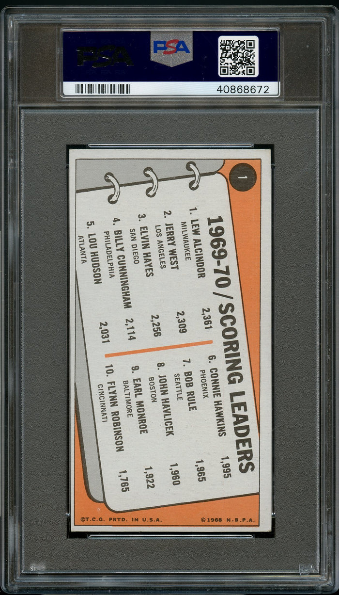 1970 Topps BkB Card # 1 Lew Alcindor Jerry West Elvin Hayes HOF LDRS PSA 6 EX-MT (MGD2)