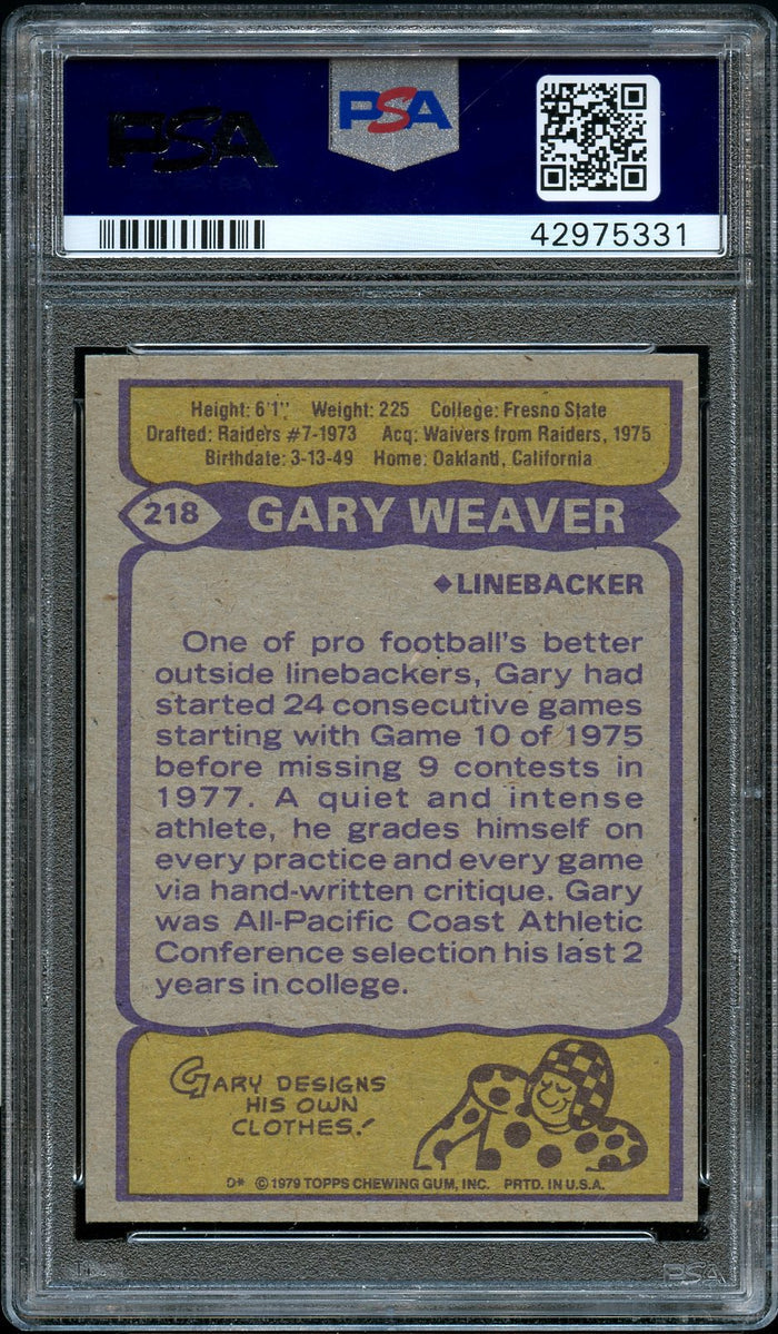 1979 Topps FB Card #218 Gary Weaver Green Bay Packers ROOKIE RC PSA MINT 9 (MGD2)