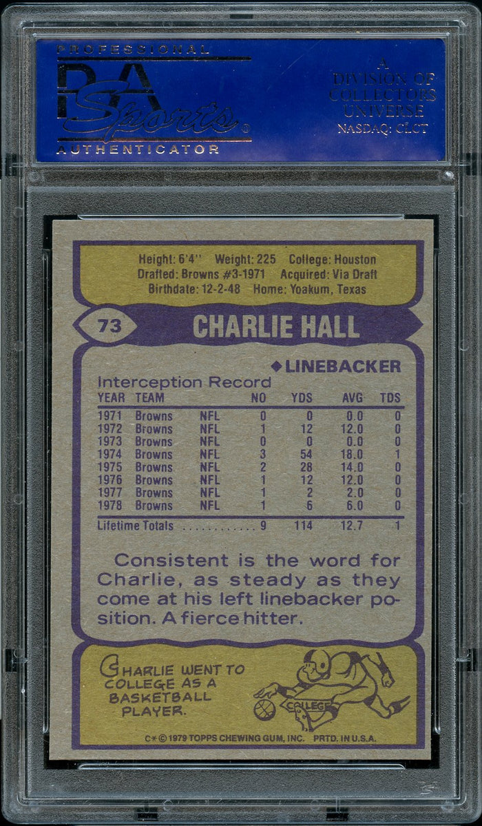 1979 Topps FB Card # 73 Charlie Hall Cleveland Browns PSA MINT 9 (MGD2)