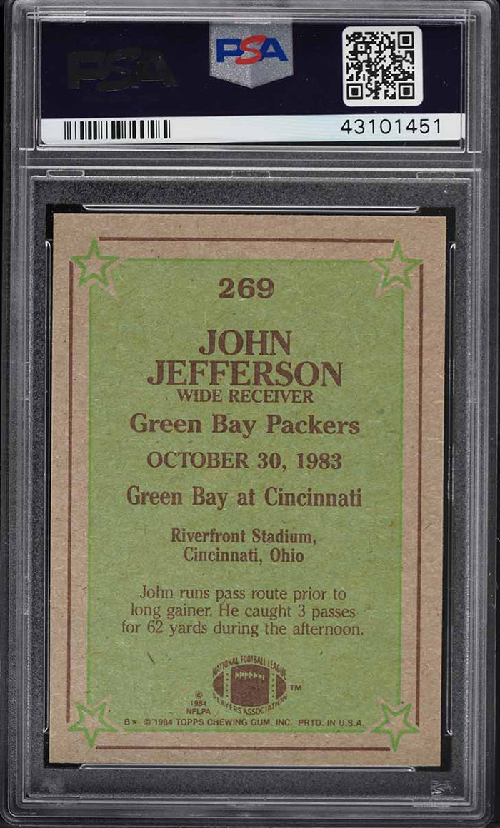 1984 Topps FB Card #269 John Jefferson Packers HOF INSTANT REPLAY PSA 9 MINT (MGD2)