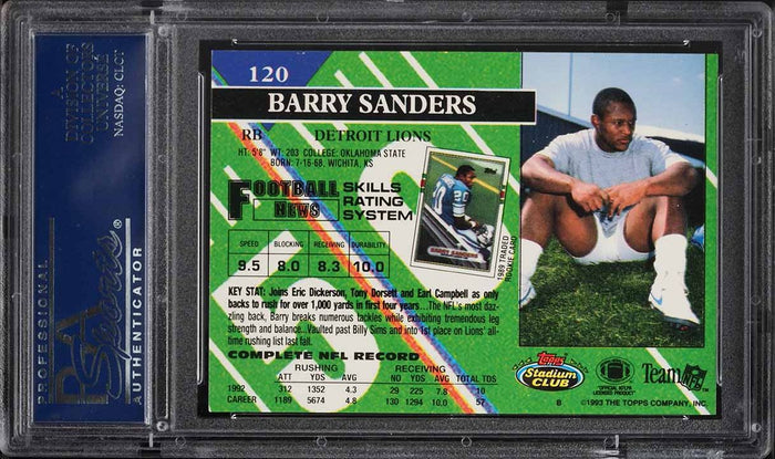1993 Stadium Club FB Card #120 Barry Sanders Detroit Lions HOF PSA 10 GEM MINT (MGD2)