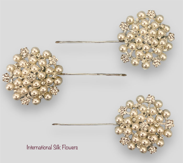 2'' Rhinestone Pearl Floral Pin ( 4877-Silver )