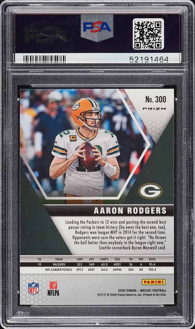 2020 Panini Mosaic FB Card #300 Aaron Rodgers REACTIVE BLUE PSA 10 GEM MINT (MGD2)