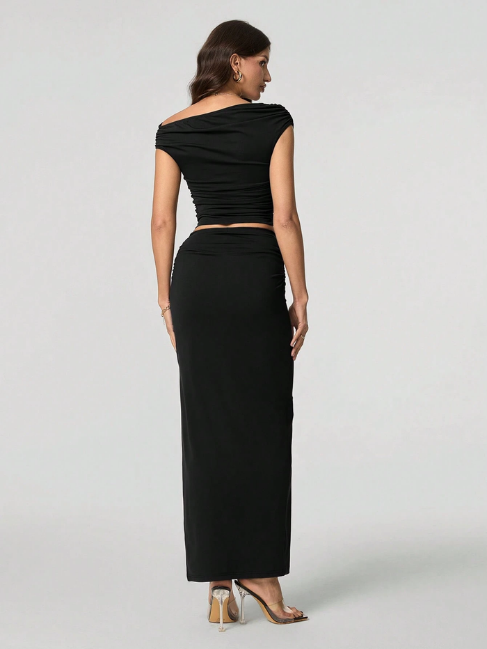 2PCS WOMEN OBLIQUE SHOULDER SHORT SLEEVE TOP AND SKIRT SET