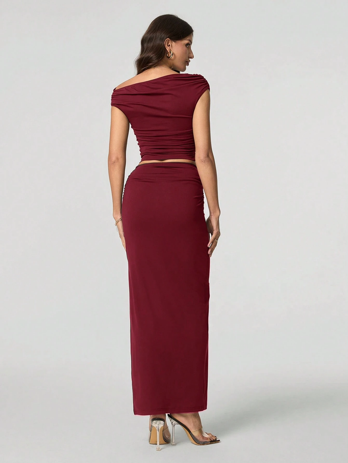 2PCS WOMEN OBLIQUE SHOULDER SHORT SLEEVE TOP AND SKIRT SET