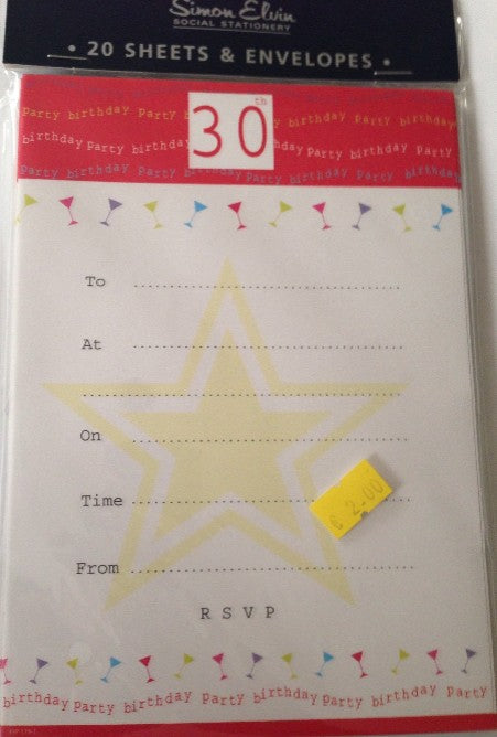 30TH PARTY INVITATION WHITE WITH YELLOW STAR