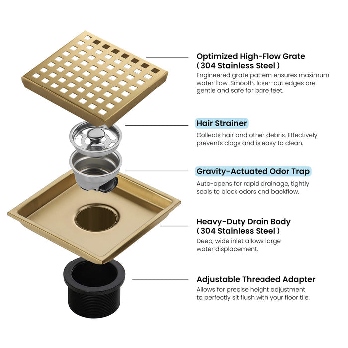 6 inch Square Shower Drain with Square Grid Grate - CFD-0602