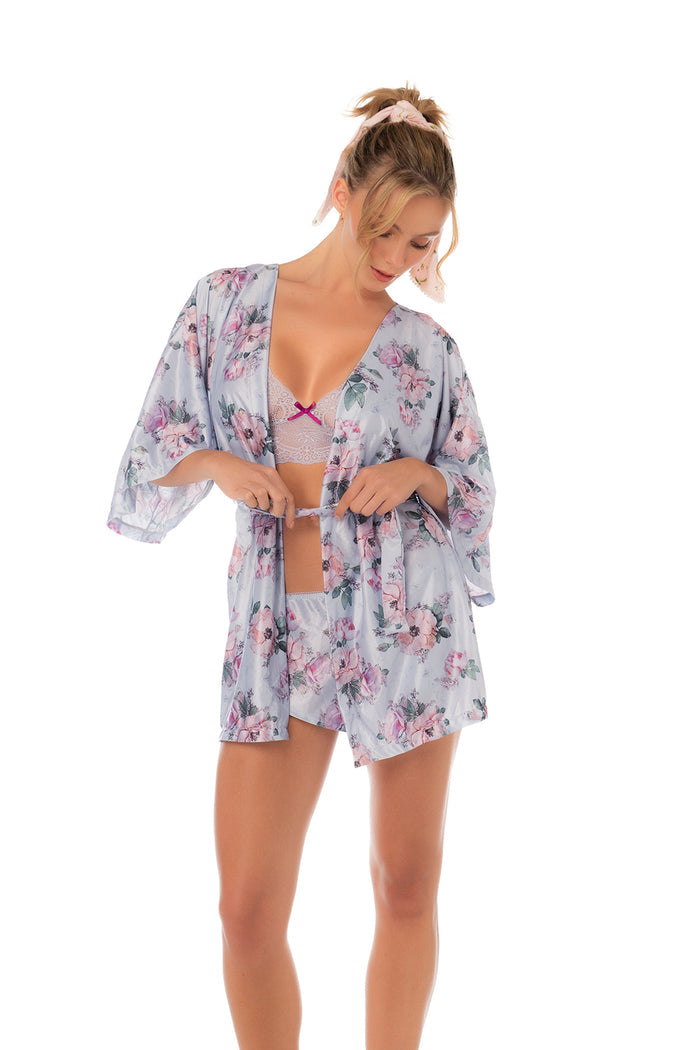 Printed short robe with adjustable self-tie waist and relaxed fit silhouette.