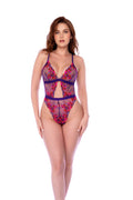 Sheer embroidered lace teddy with adjustable straps and snap crotch closure. A bold, playful piece with a striking finish.