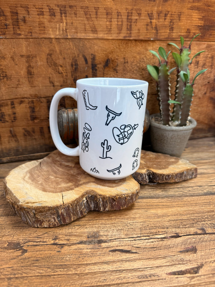 Brands ceramic mug, white with black cactus line art and side handle