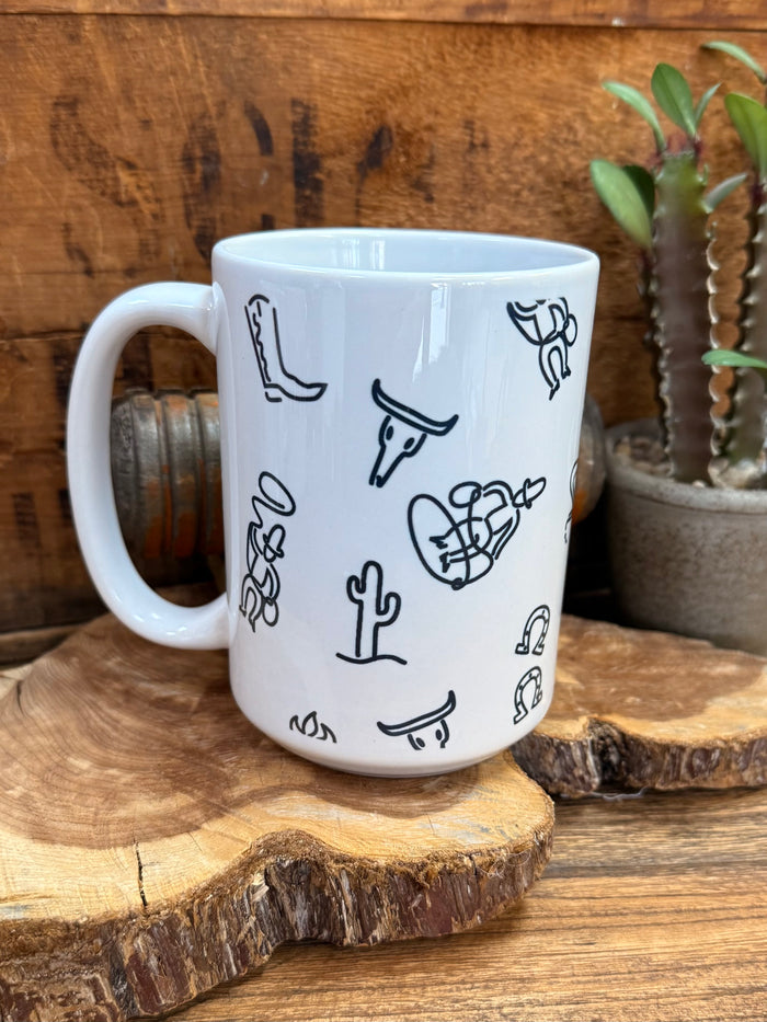 Brands ceramic mug, white with black cactus and skull doodles, front view