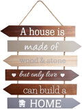 large shabby chic wooden hanging sign with jute string featuring the quote only love can build a home in neutral tones