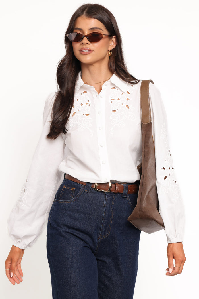 Petal and Pup USA TOPS Aeloria Button Front Shirt - White Embroidery