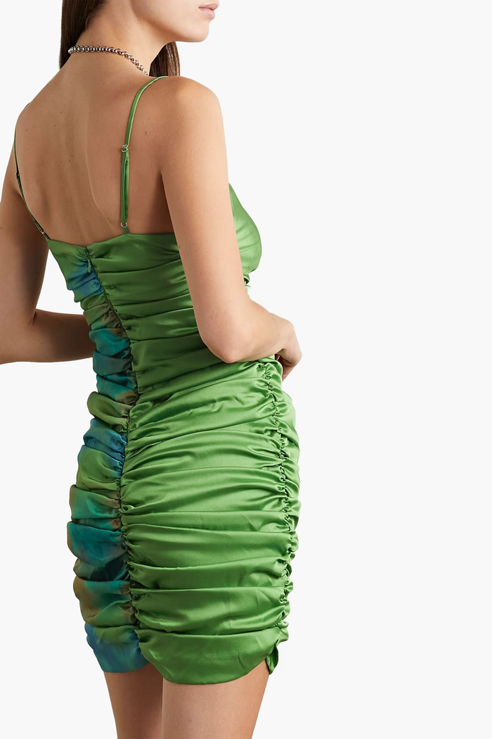 AHLUWALIA Jade Gathered Satin Sweetheart Neck Ruched Mini Dress - House Of Huntington