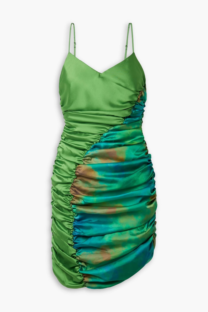 AHLUWALIA Jade Gathered Satin Sweetheart Neck Ruched Mini Dress - House Of Huntington