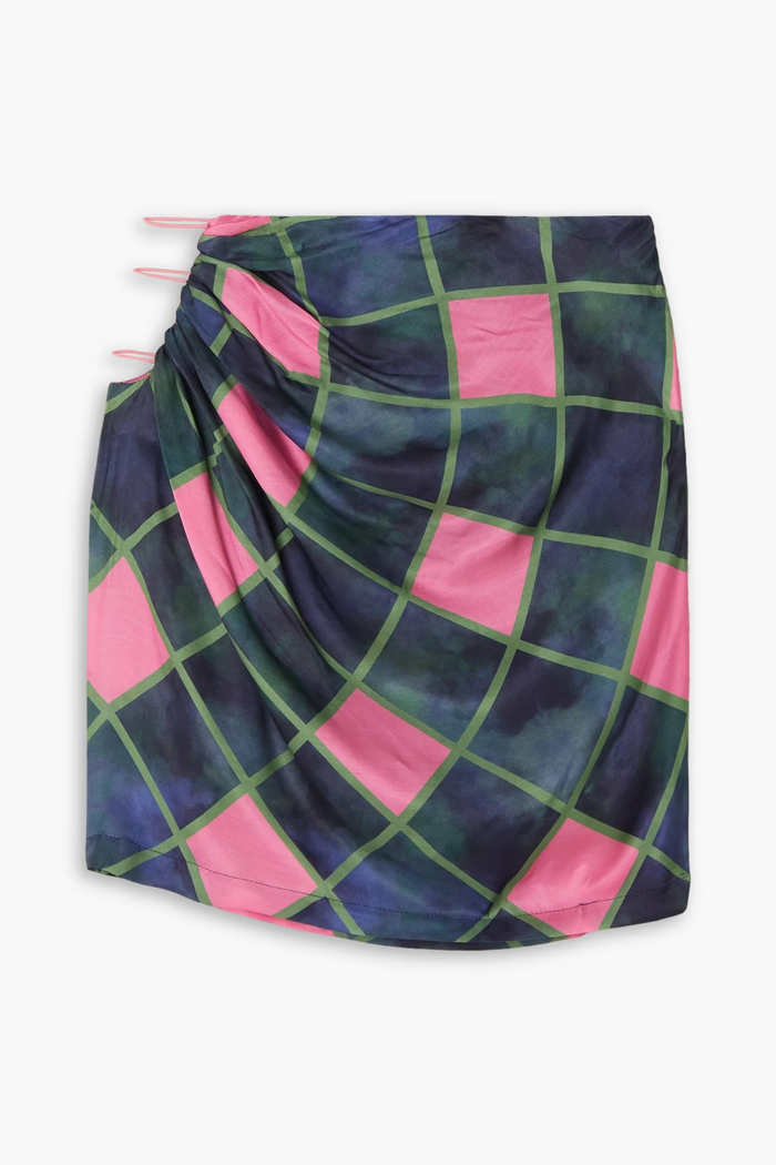 AHLUWALIA Patel Cutout Draped Navy Pink Check Printed Matte-Satin Mini Skirt - House Of Huntington