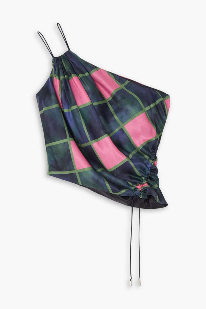 AHLUWALIA Patel One-Shoulder Draped Navy Pink Check Printed Satin Top - House Of Huntington