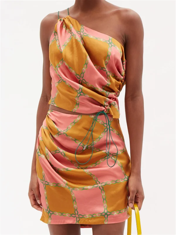 AHLUWALIA Silk Tumeric Pink Green Check Printed Tie Detail One Shoulder Top - House Of Huntington