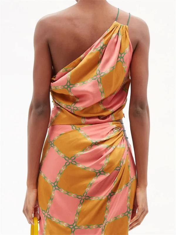 AHLUWALIA Silk Tumeric Pink Green Check Printed Tie Detail One Shoulder Top - House Of Huntington