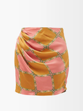 AHLUWALIA Silk Tumeric Pink Green Check Printed Tie Detail Skirt - House Of Huntington