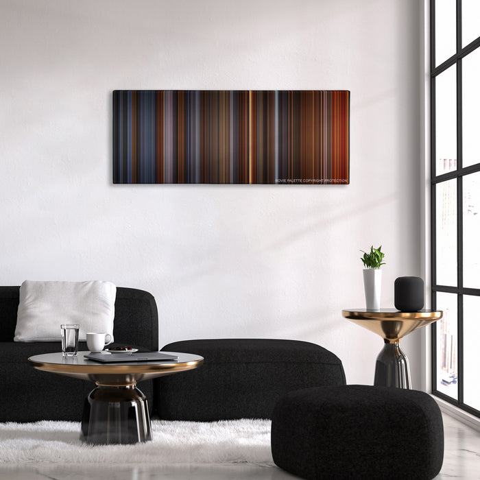 Alien3 color palette canvas above a black sofa with a gold-topped table
