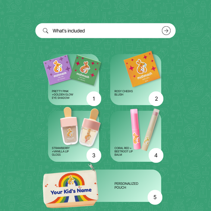 Children's makeup set with items and a personalized pouch on a green background