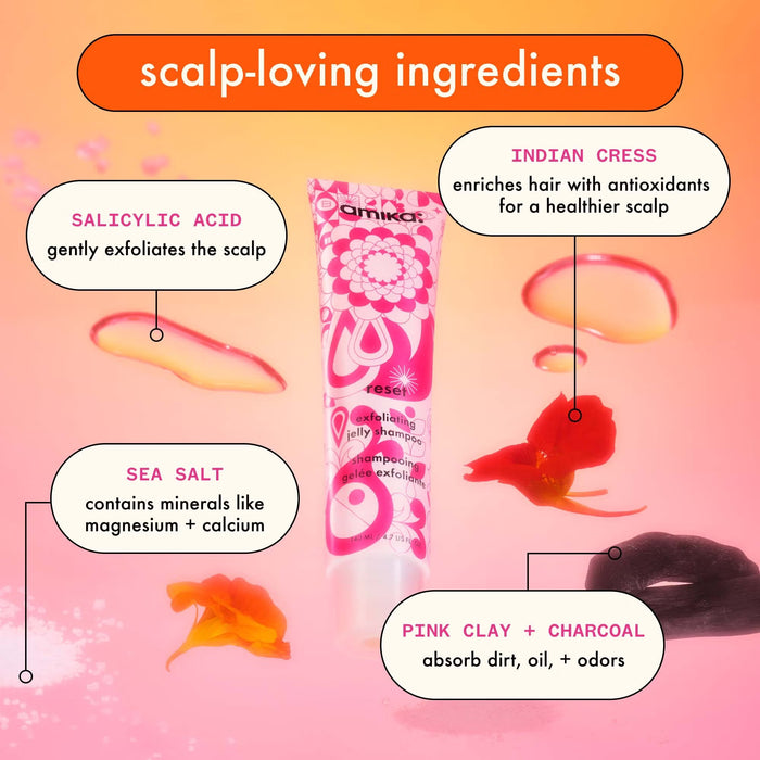 Amika Reset Exfoliating Jelly Shampoo 140ml ingredient guide featuring salicylic acid, sea salt, pink clay, charcoal and Indian cress.