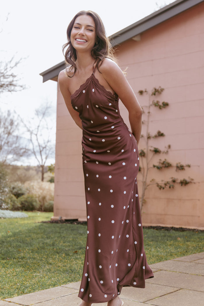 Petal and Pup USA DRESSES Anika Maxi Dress - Brown Polka Dot
