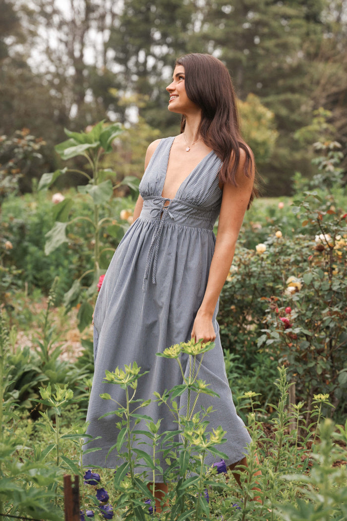 Petal and Pup USA DRESSES Annora Midi Dress - Navy Pinstripe