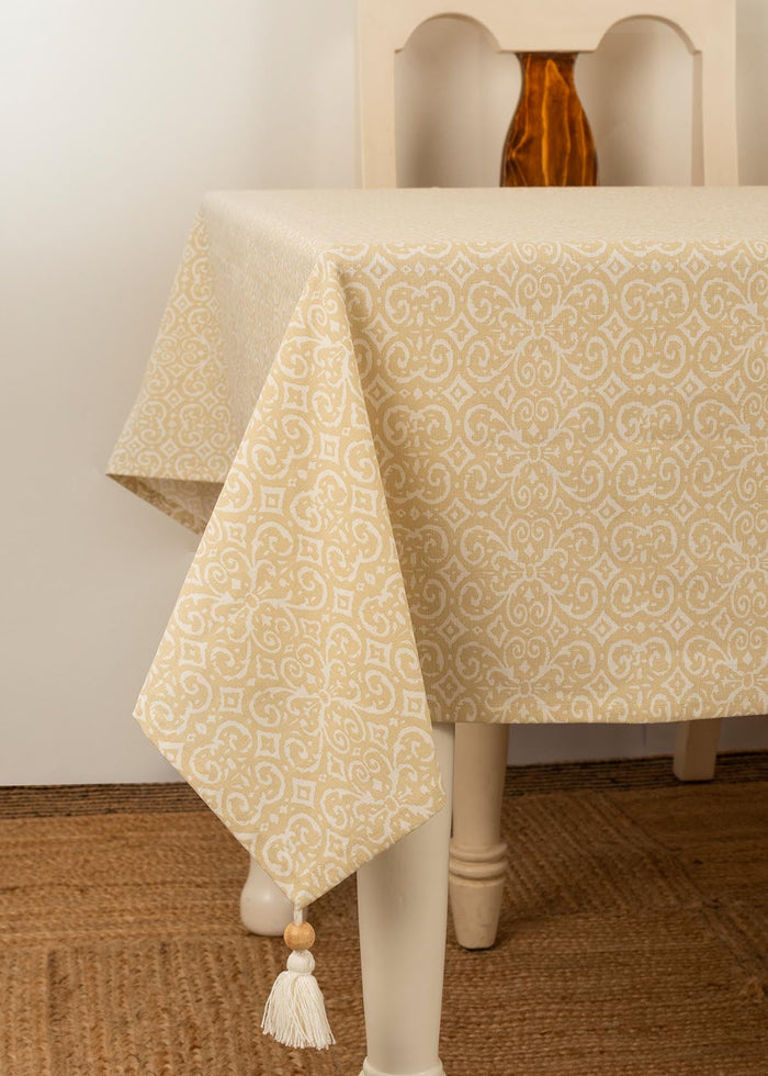 Antique 100% cotton Neutral table cloth with tassel for 4 seater or 6 seater dining - Cream