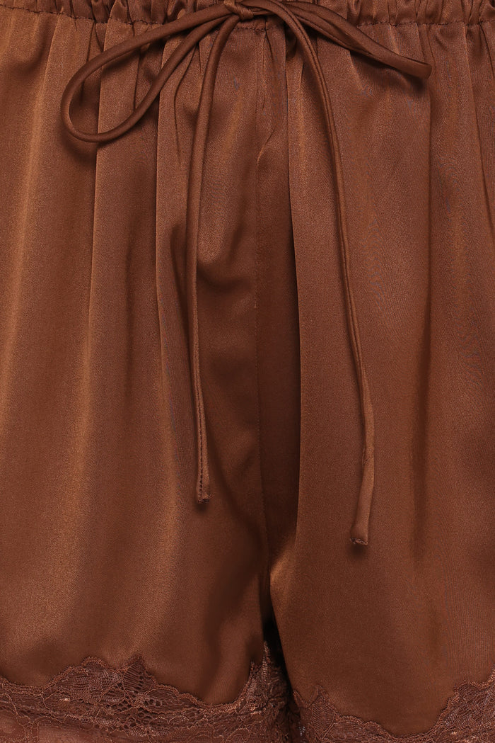 Petal and Pup USA BOTTOMS Arlet Lace Trim Satin Shorts - Chocolate Brown