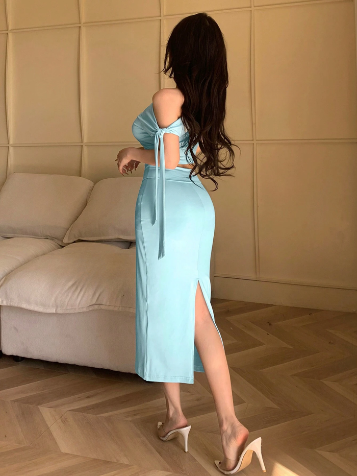 ASYMMETRIC NECK OBLIQUE SHOULDER TIED STRAP TOP & SLIM FIT SKIRT SET