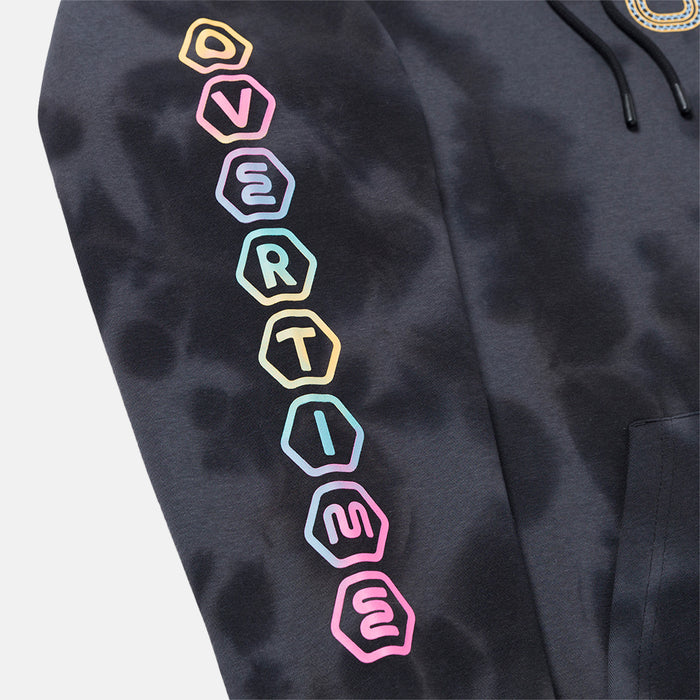 Up close view of sleeve on the Overtime Aura Dye Hoodie.