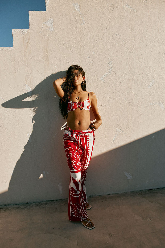 Red Voyage Print High Waist Drawstring Avalon Pants