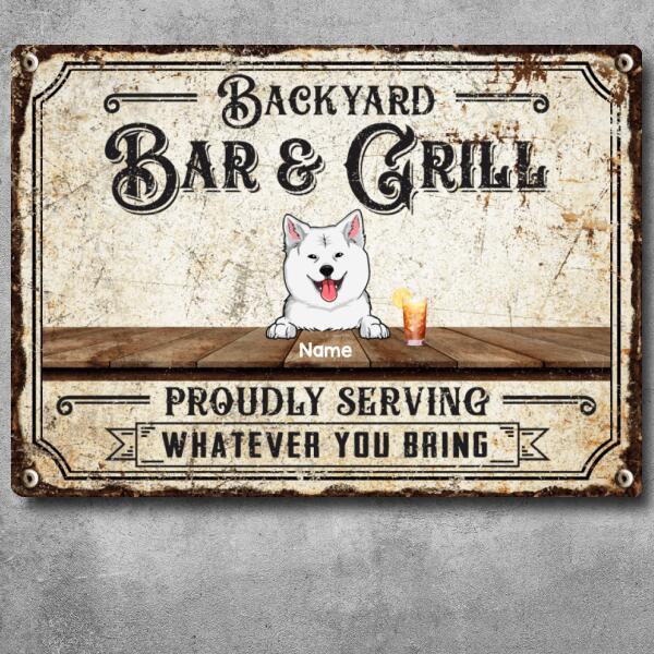 Backyard Bar & Grill, Welcome Sign, Personalized Dog Breeds Metal Sign, Outdoor Decor, Gifts For Dog Lovers