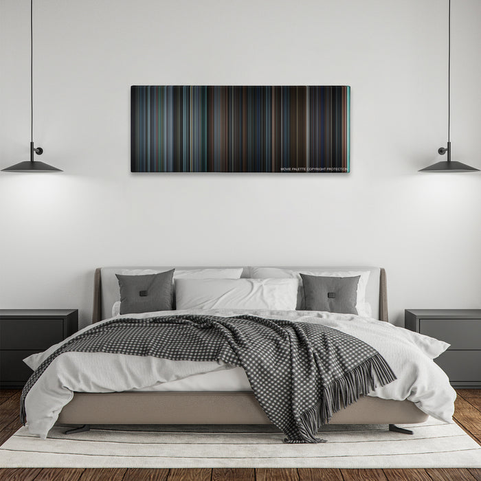 Being John Malkovich color palette canvas above a bed, between two black pendant lamps