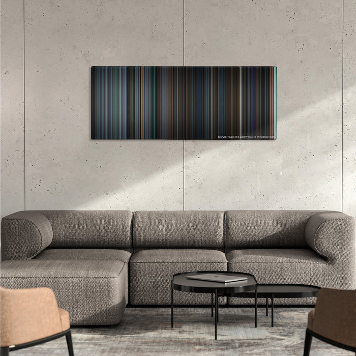Being John Malkovich color palette canvas on a concrete wall above a gray sectional sofa