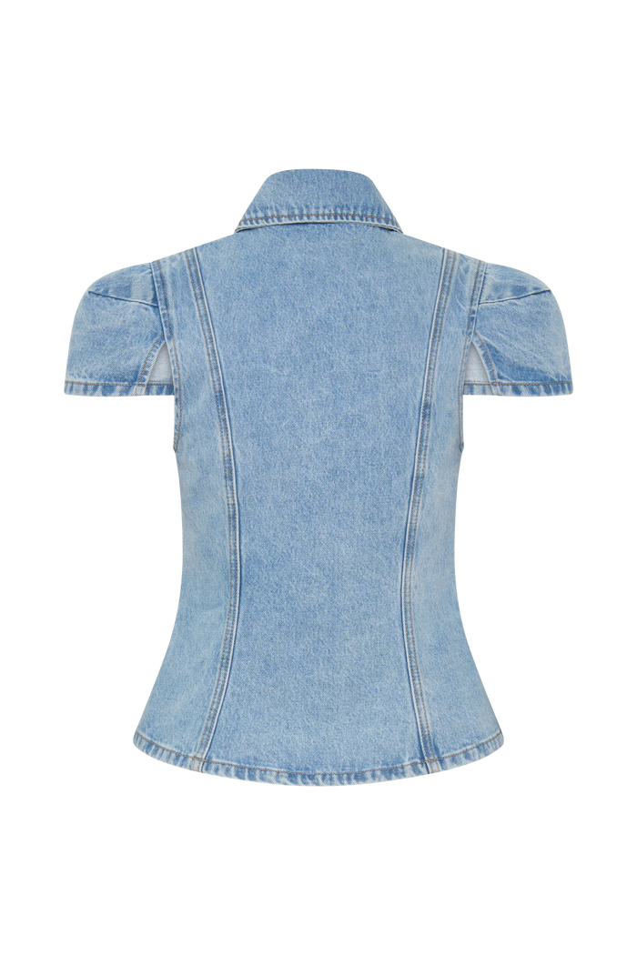 Bently Short Sleeve Denim Top - Washed Light Blue