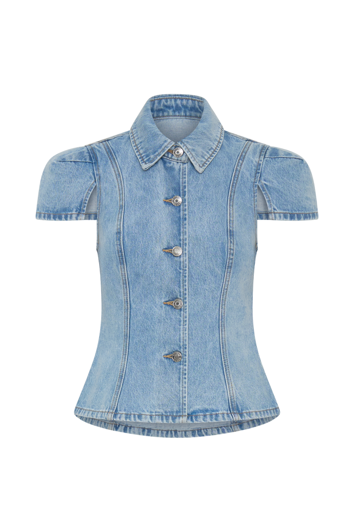 Bently Short Sleeve Denim Top - Washed Light Blue