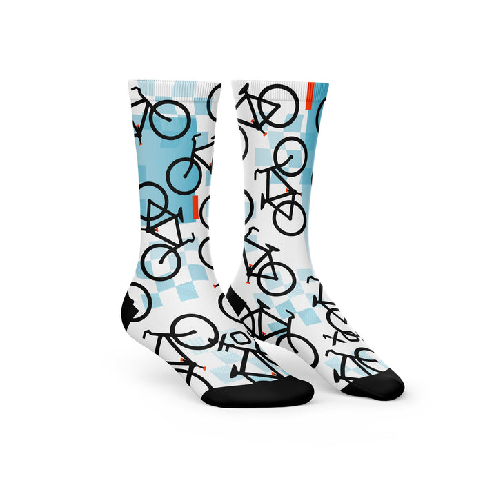 White Sox Footwear crew socks featuring blue bicycle patterns and orange accents with a reinforced heel.