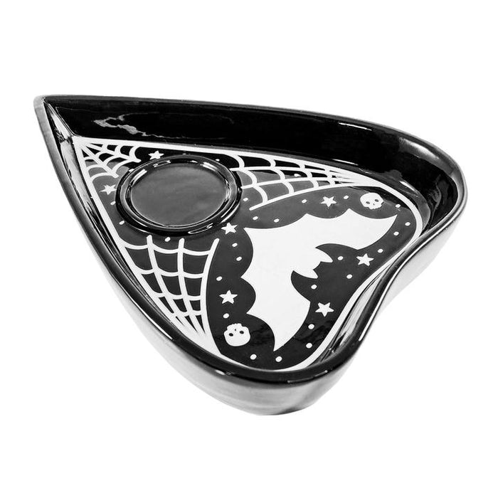 Use as a place to stash jewelry, coins, or other small things. Planchette is black, with a white bat, small white skull and stars details,, and white spiderweb details. CANDLE NOT INCLUDED.