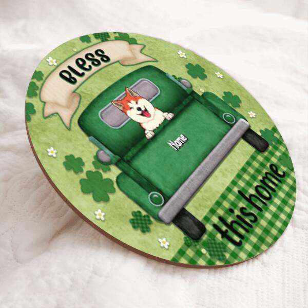 Bless This Home, Four-Leaf Clover Door Hanger, Personalized Dog Breeds Door Sign, Dog Lovers Gifts, Front Door Decor