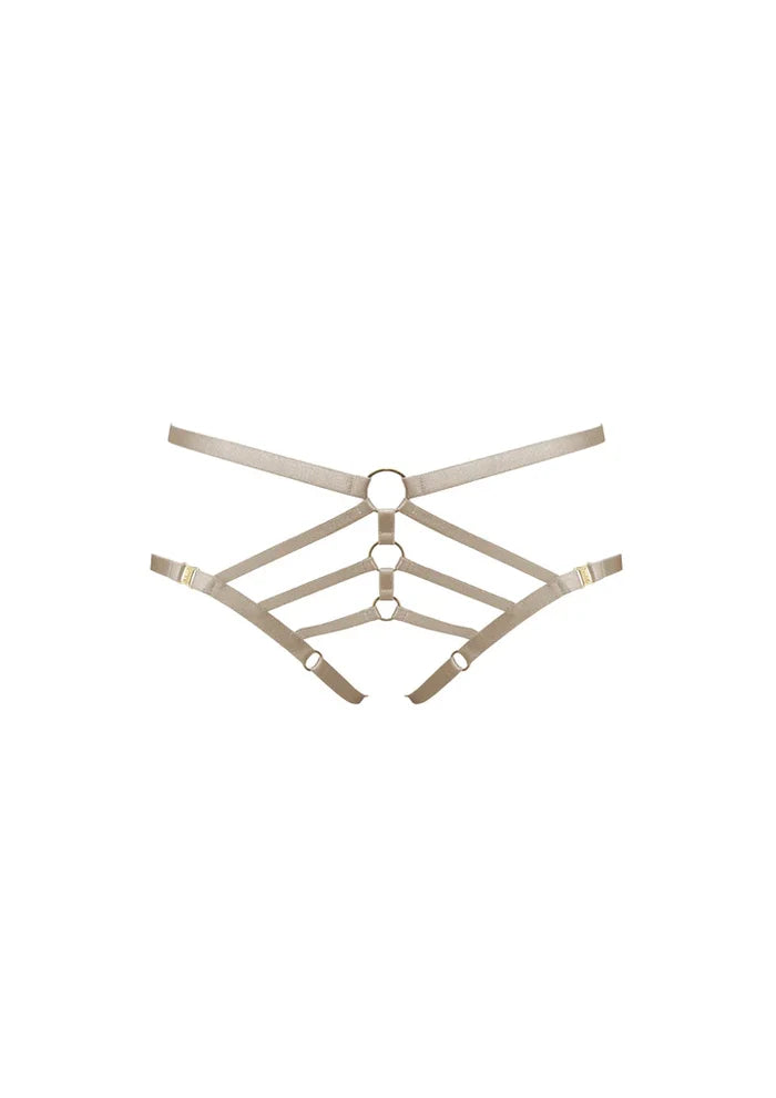 Bordelle Art Deco Ouvert Strap Caramel Satin 24k Gold Plated Detail Briefs - House Of Huntington
