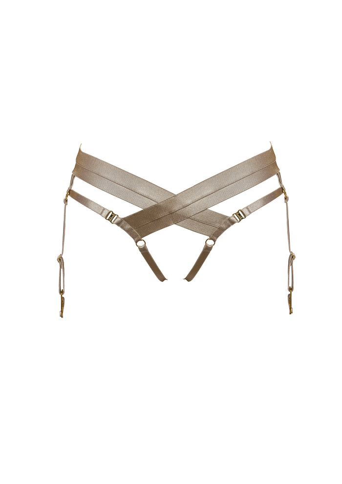 Bordelle Signature Satin Bondage Harness Open Back Caramel Brief - House Of Huntington