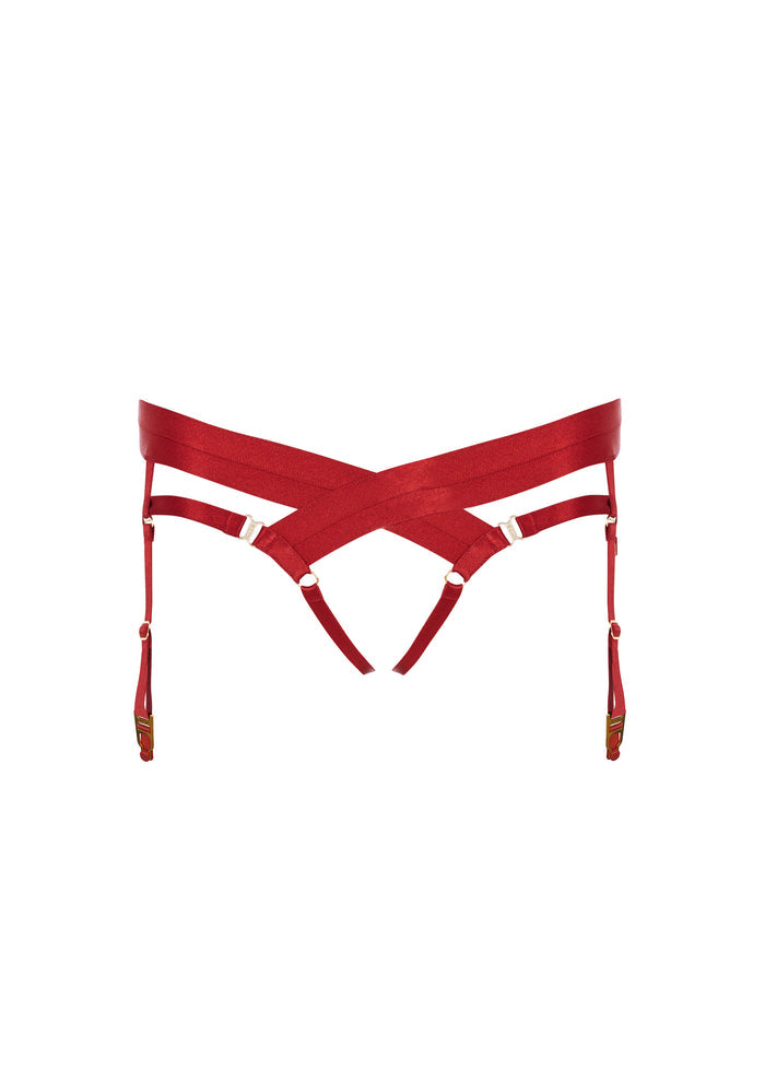 Bordelle Signature Satin Bondage Harness Open Back Red Brief - House Of Huntington